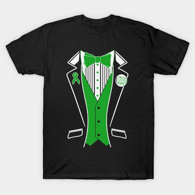 Tuxedo Faith Love Hope Kidney Disease Awareness Green Ribbon Warrior Hope Cure T-Shirt by celsaclaudio506